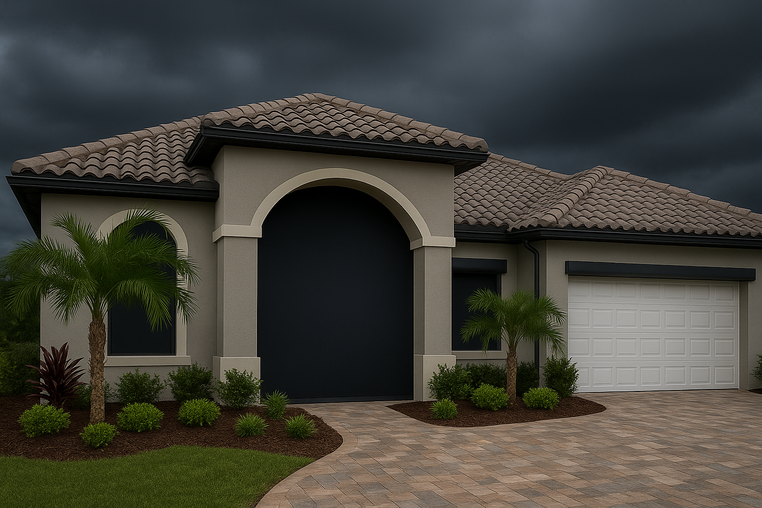Entrance to a Florida 55-plus gated community with palm trees and landscaped entry