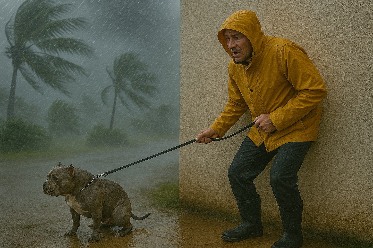 Man outside with his dog in stormy conditions