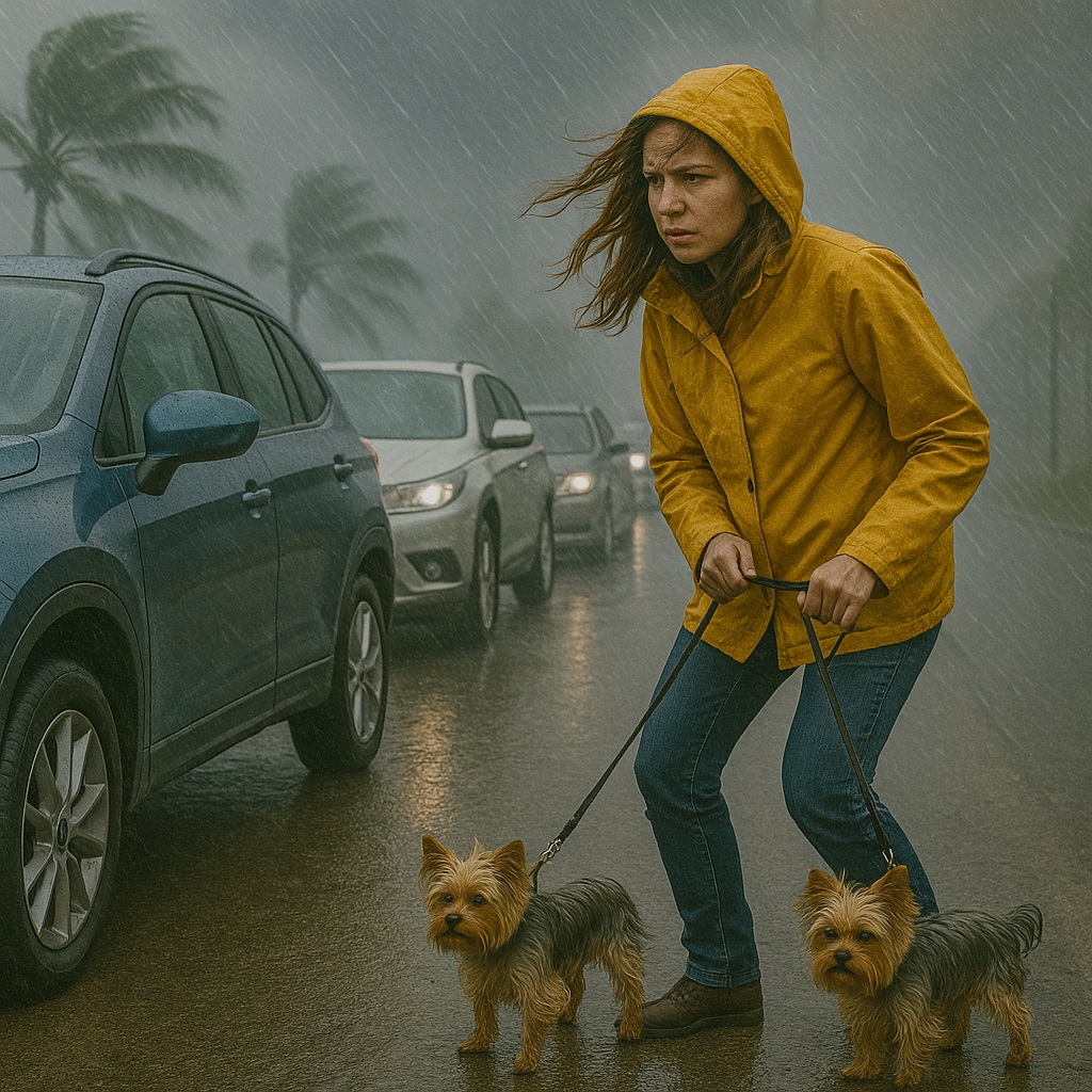 Woman with two dogs on leashes in heavy evacuation traffic